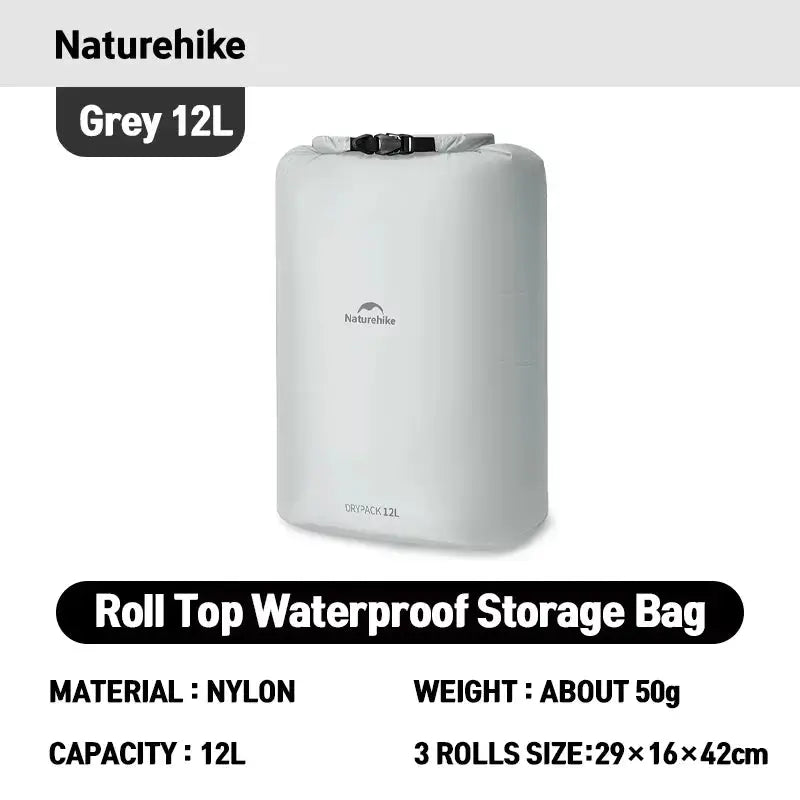 Naturehike rolled storage bag, gray nylon, waterproof, 12L capacity.