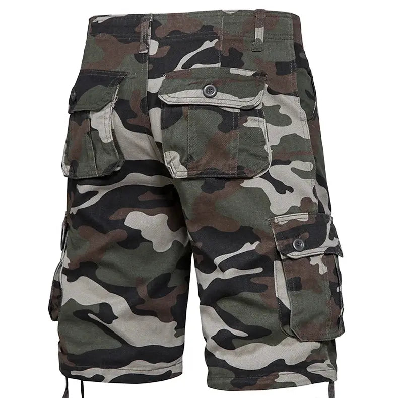Men's camo cargo shorts with multiple side pockets in cotton camouflage fabric.