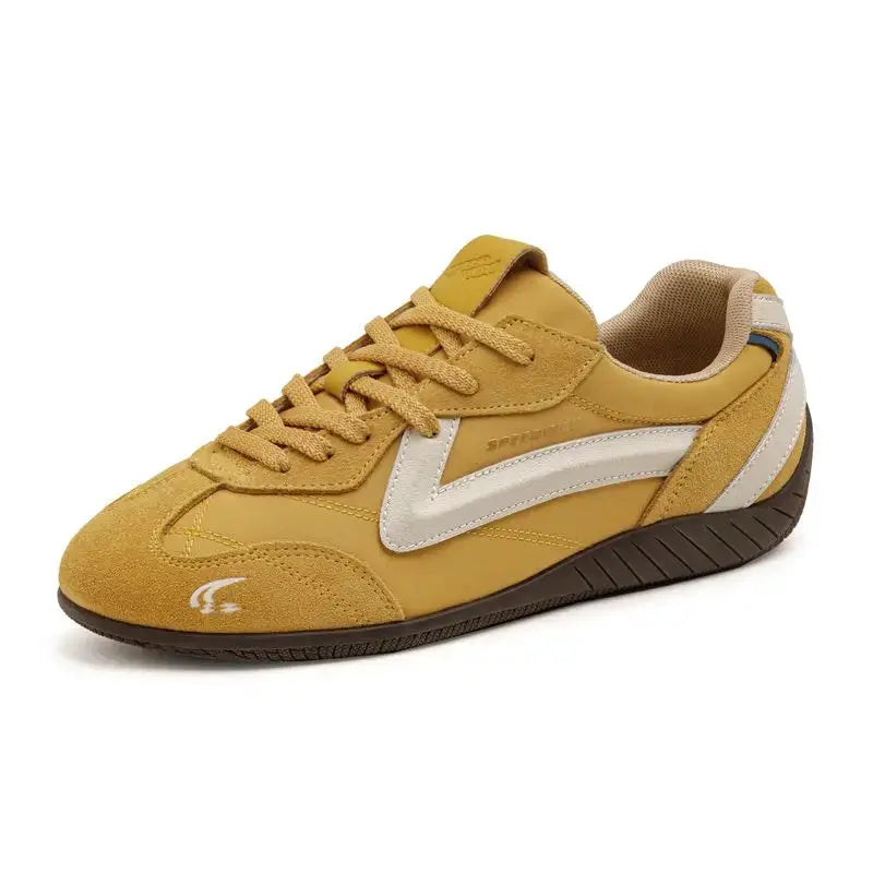 Simples Market Maden unisex vintage patchwork racing sneakers in mustard yellow with white stripe and brown sole