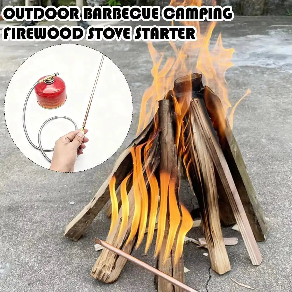 Pandatour hand-held charcoal fire igniter spray gun with red canister and hose, outdoor campfire scene.