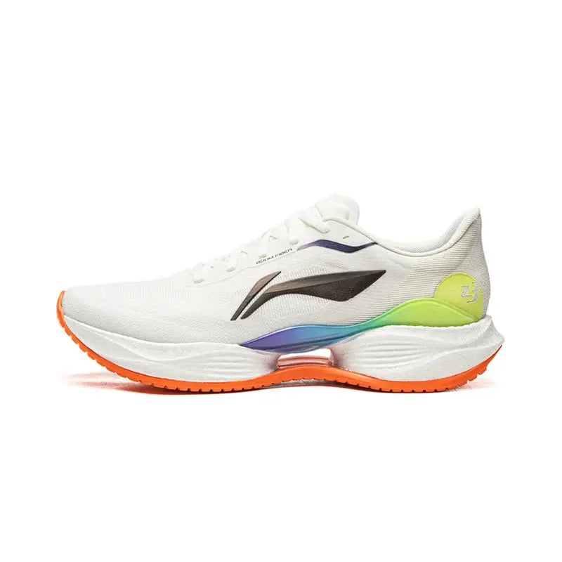 Li-Ning men's running shoe white mesh upper with breathable multicolor gradient midsole and orange outsole
