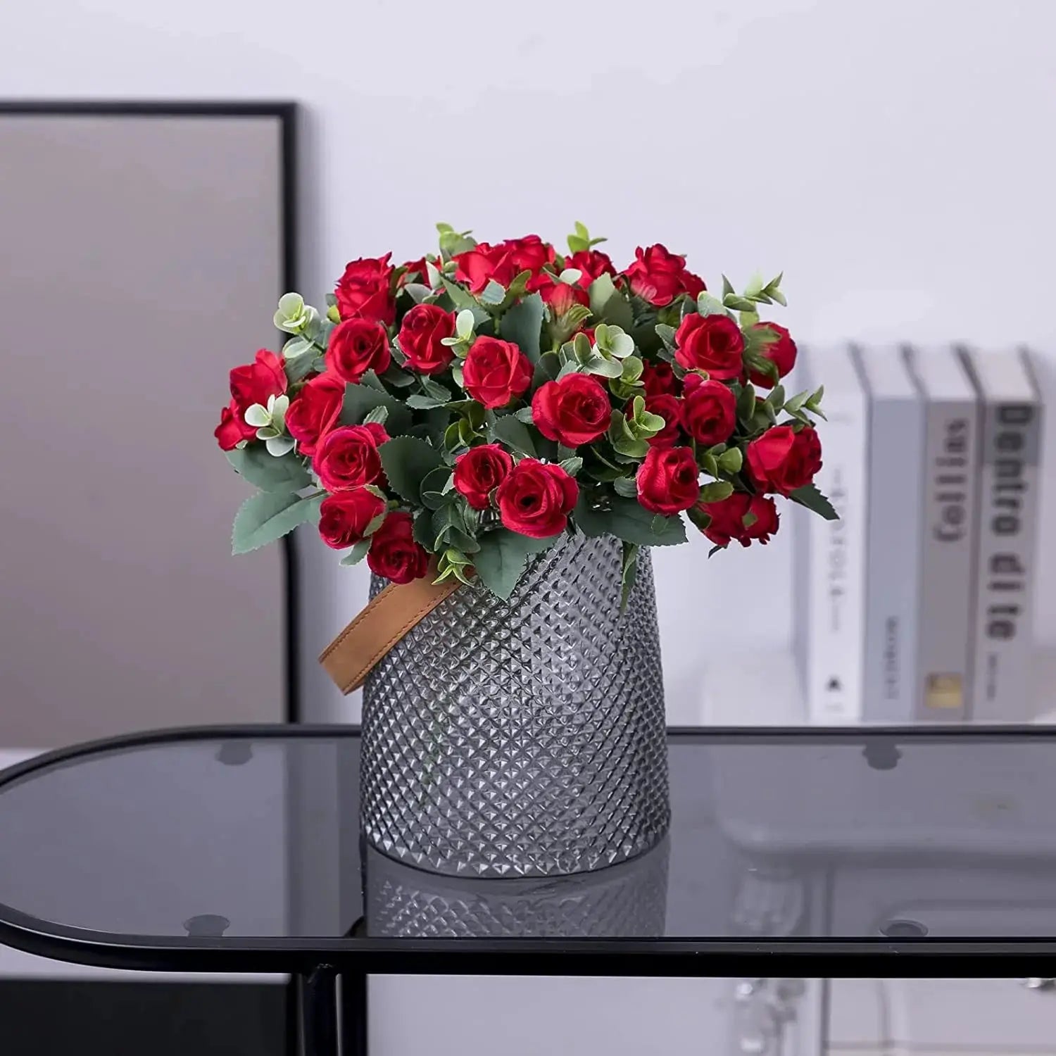 10 Heads Artificial Flower Bouquet With Silk Roses Eucalyptus Leaves Peonies White For Wedding Table And Home Decor