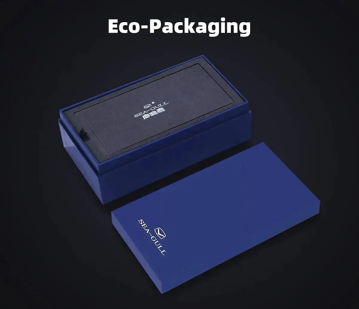 Seagull watch packaging: blue outer box and black inner case bearing the logo