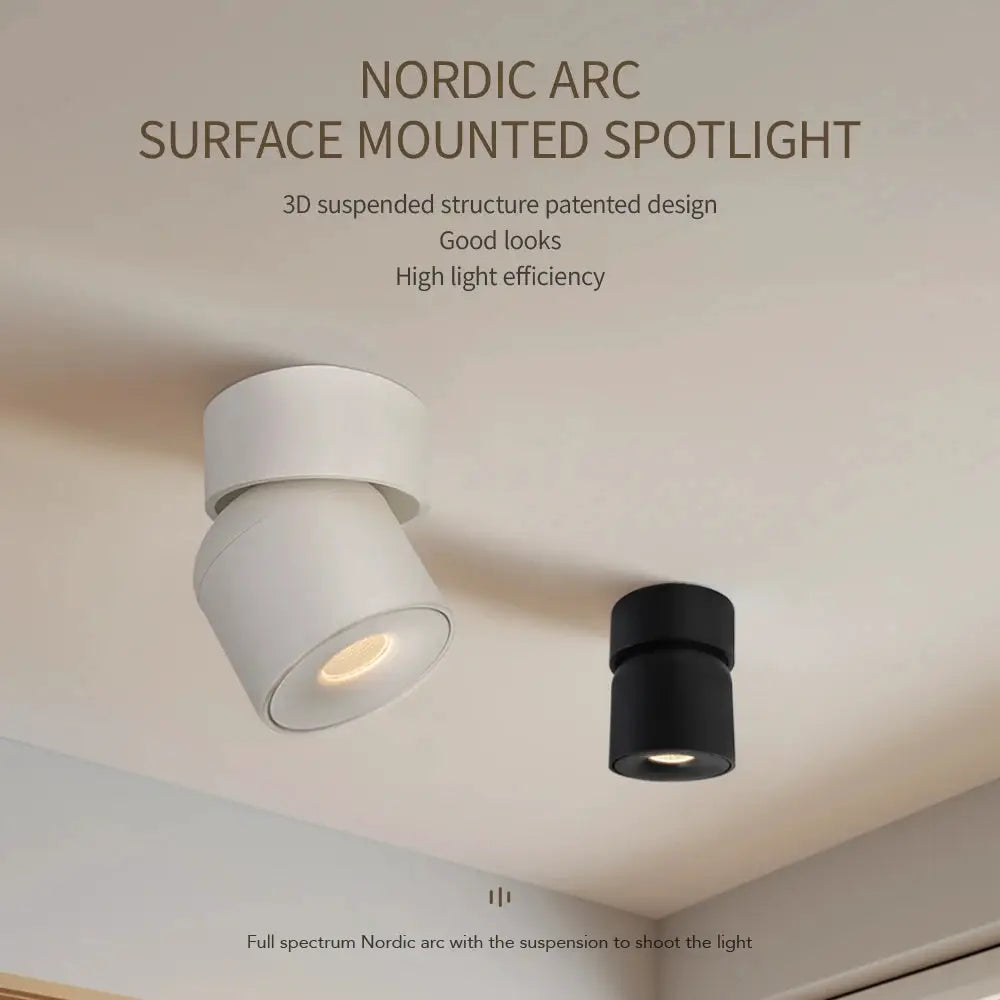 Simples Market Nordic arc surface-mounted spotlight pair in white and black, 360° COB ceiling lights