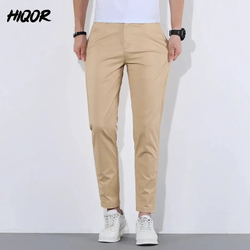 HIQOR men's tan cotton casual pants, breathable summer long trousers.