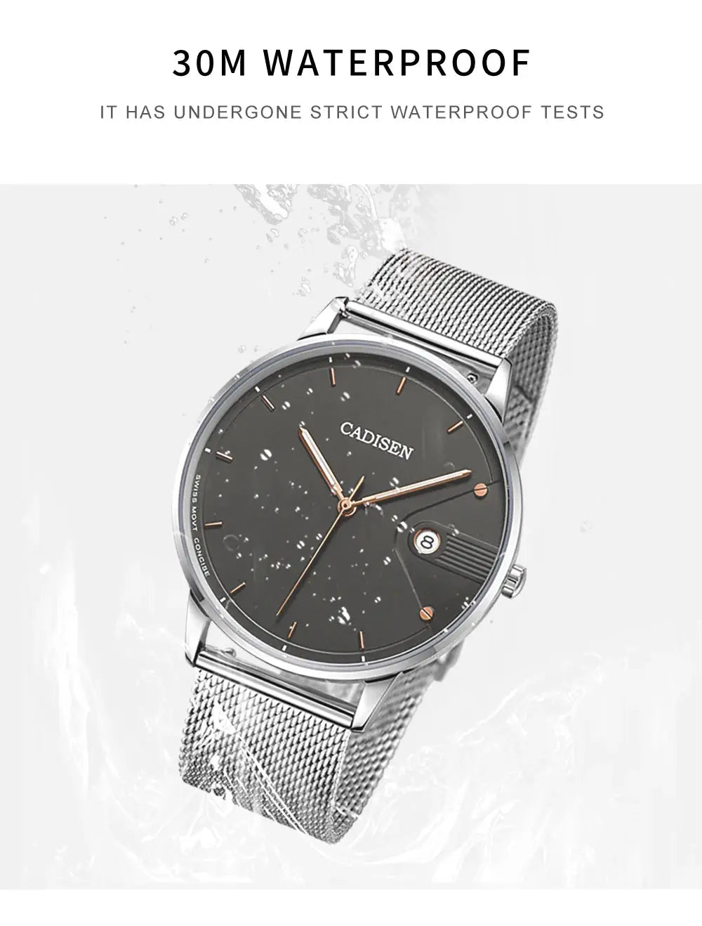 CADISEN men's Swiss Ronda 715 quartz watch with black ultra-thin dial and stainless steel Milano mesh strap
