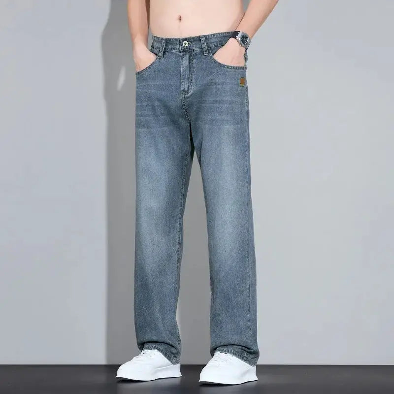 Lyocell Ice Silk Jeans by Simples Market, men's blue denim straight casual trousers
