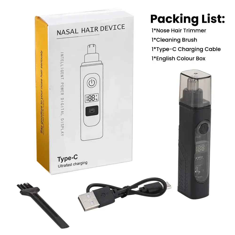Simples Market nasal hair travel razor; black pocket shaver with Type-C charging and display