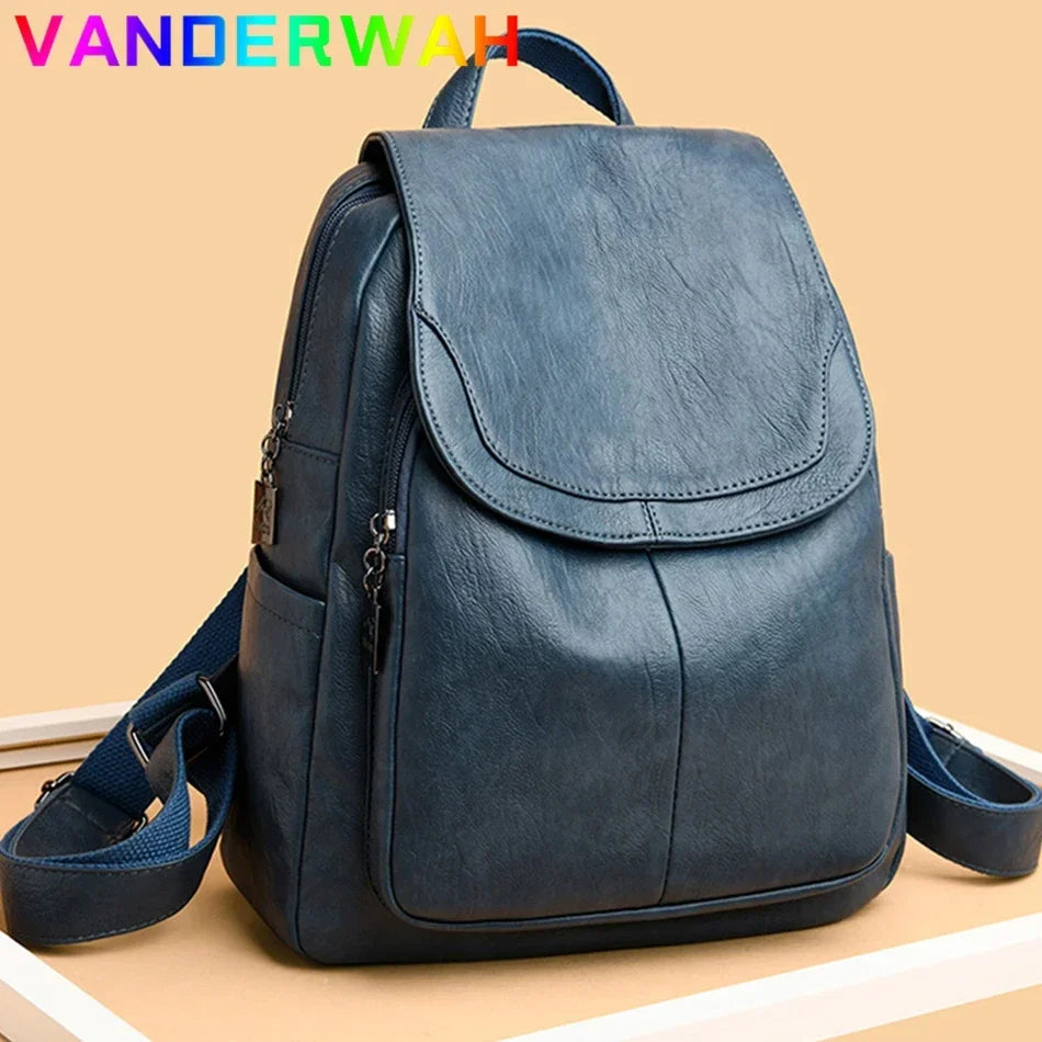 Simples Market blue genuine leather backpack for women with flap closure and top handle