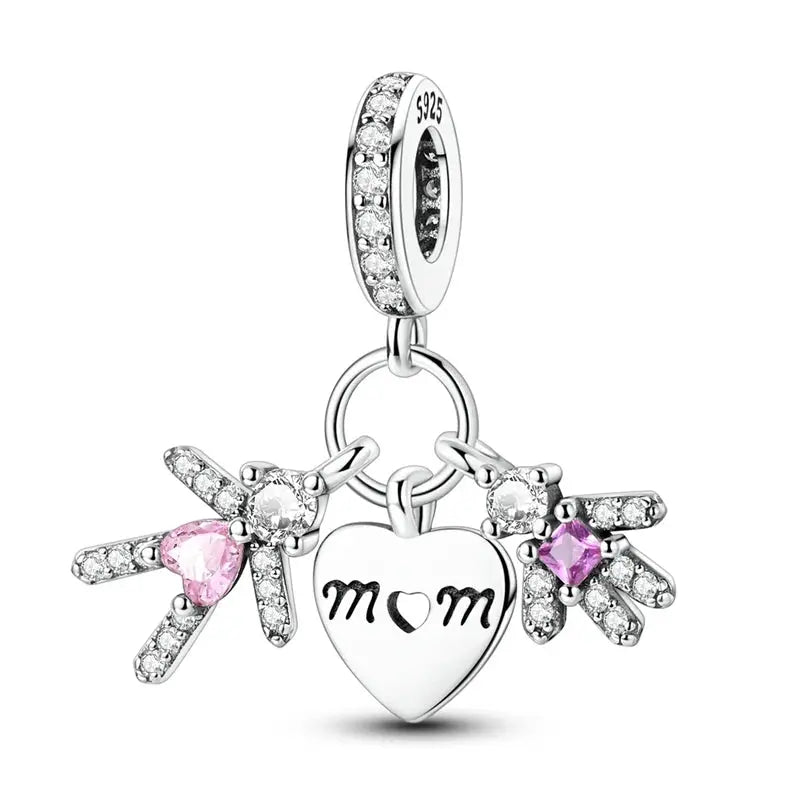 Mother's Day 925 Sterling Silver Heart Charms Beads Dangle For Bracelets Love Mom Jewelry Gift