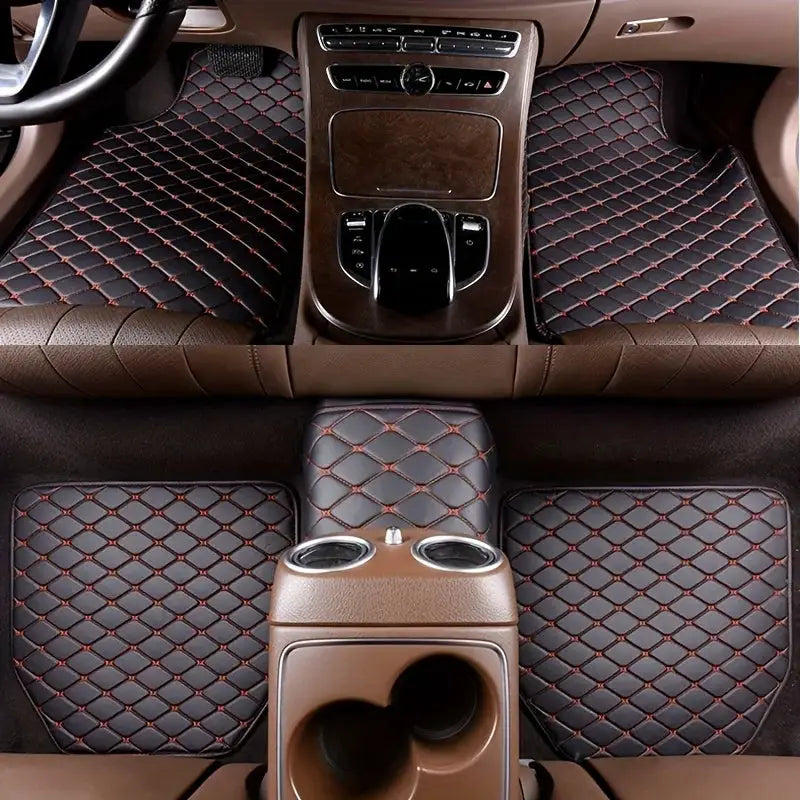 Simples Market 5Pcs PU Leather car floor mats, black with red diamond stitching, waterproof all-season set.