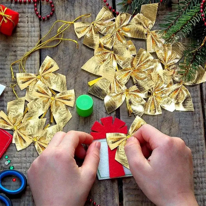 12 24 36 Pcs Christmas Bow Red Gold Mini Tree Bowknot For Home Decoration Wedding Decor New Year Party DIY Gift