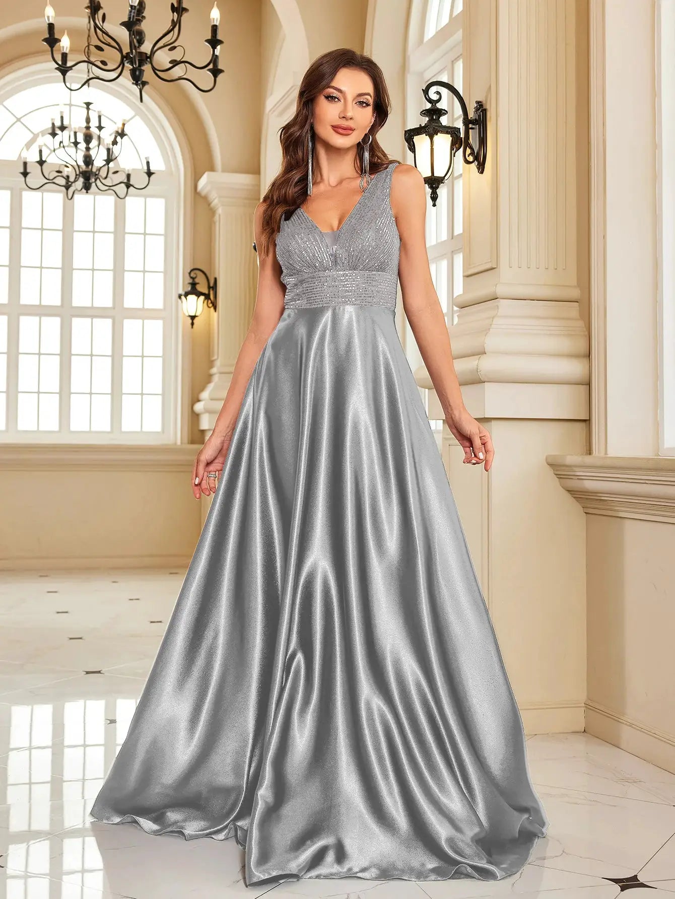 Emerald Green Sequin Evening Dress V Neck Satin Prom Floor Length
