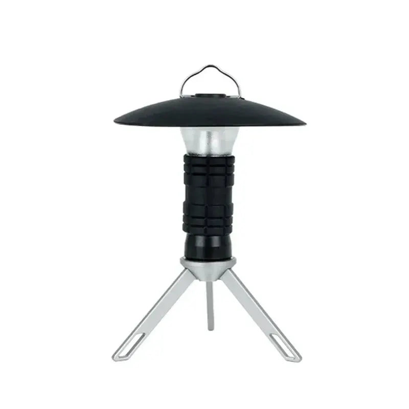 Portable camping lantern by Simples Market with black body and silver tripod base