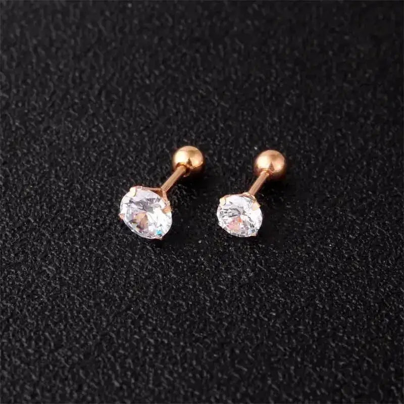 Crystal stainless steel stud earrings, rose-gold tone setting, two clear stones