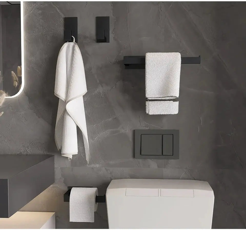 Black self-adhesive bathroom hardware set with 1 robe hook, 1 towel rail bar and 1 paper holder