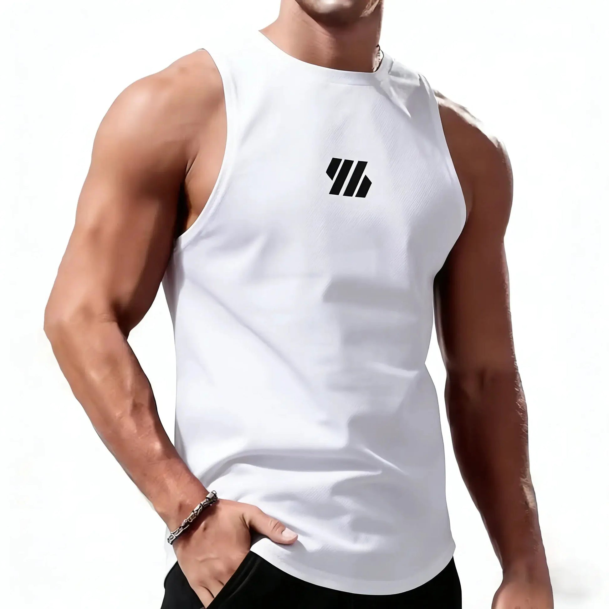 Men's white sport tank top with Simples Market logo; quick-dry sleeveless gym vest