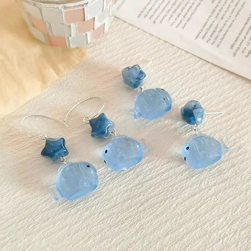 Goldfish earrings set with translucent blue koi fish pendants and blue star beads (4 pieces)