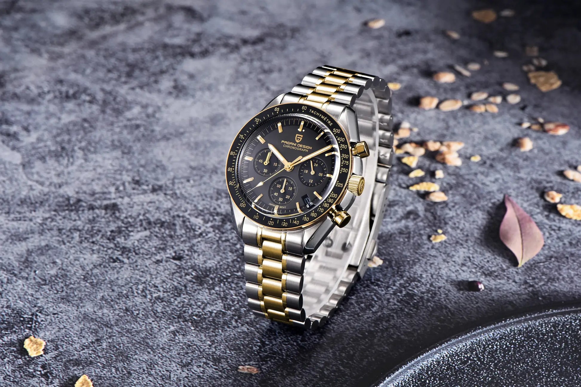 Pagani Design 500 Chronograph two-tone stainless steel watch with black dial, gold accents, tachymeter bezel