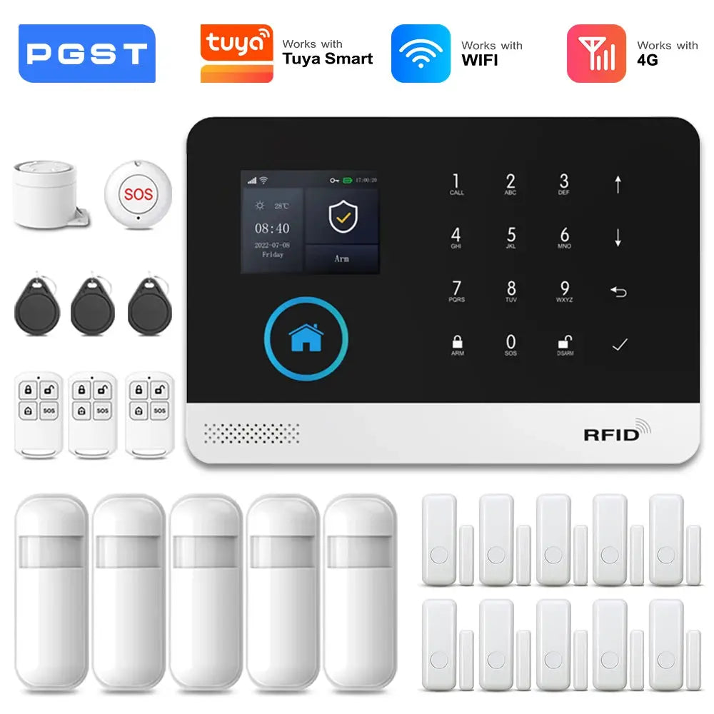 PGST wireless alarm system kit with black touchscreen main panel, RFID, PIR sensors, fobs and door/window sensors