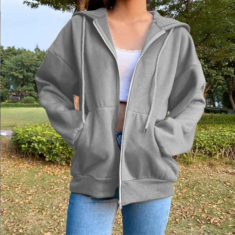 AutumnWear Fleece Hoodie Black Hooded Sweatshirt With Drawstring Pockets And Zipper Loose Fit
