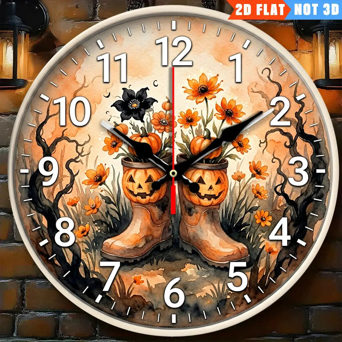 10.0 inch silent battery-powered wall clock featuring pumpkin head rain boots with orange flowers in an autumn scene