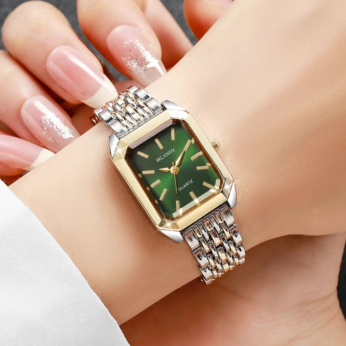 IRLANDY rectangular women's quartz wristwatch with green dial and two-tone stainless steel strap