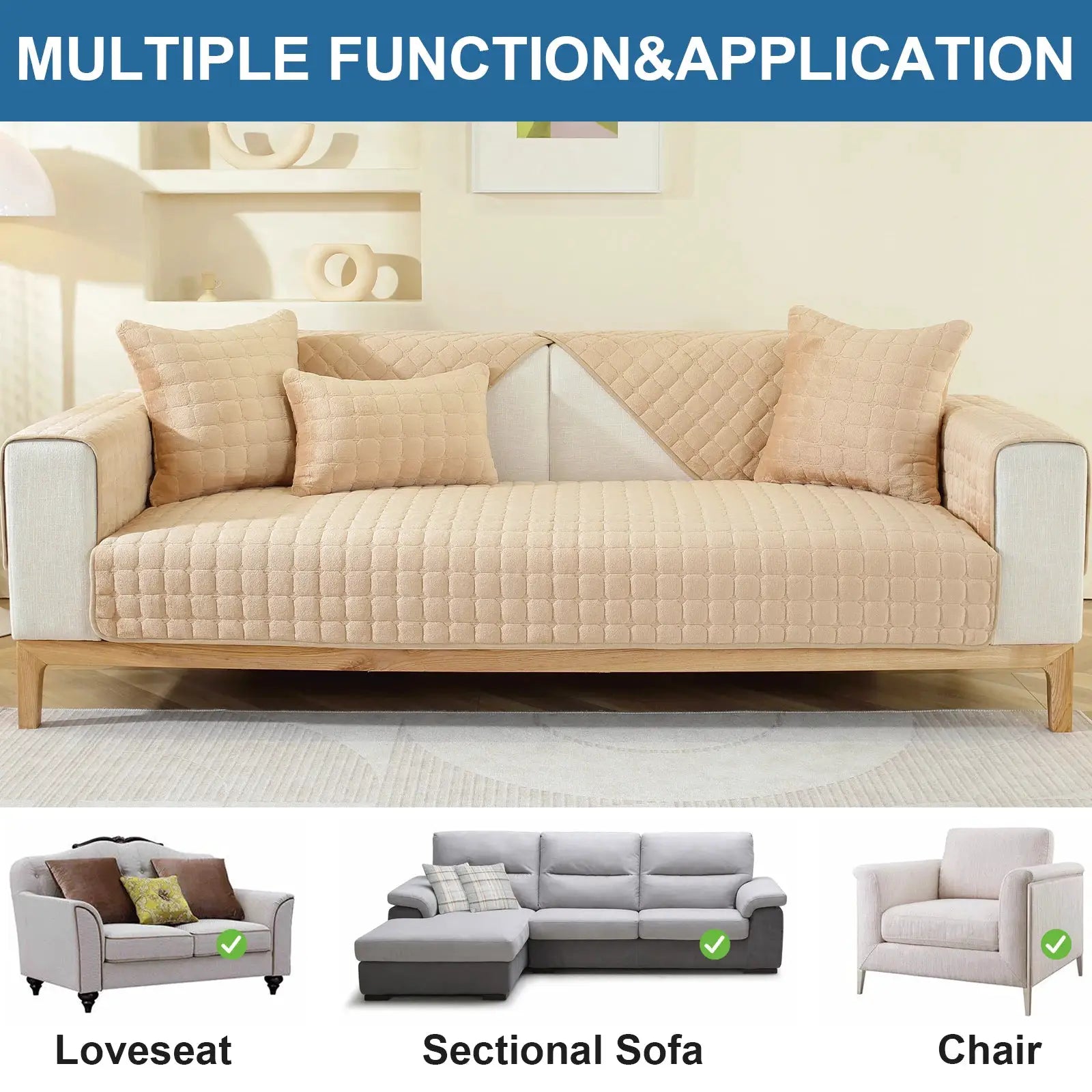 Simples Market flannel plaid sofa cover set with non-slip backing and beige quilted cushions on a sofa
