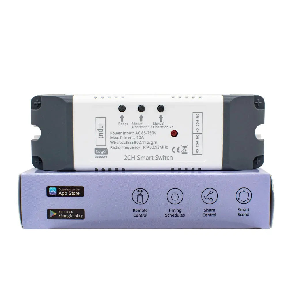 2CH WiFi smart switch for garage gate, white module with gray end caps, Tuya-compatible.