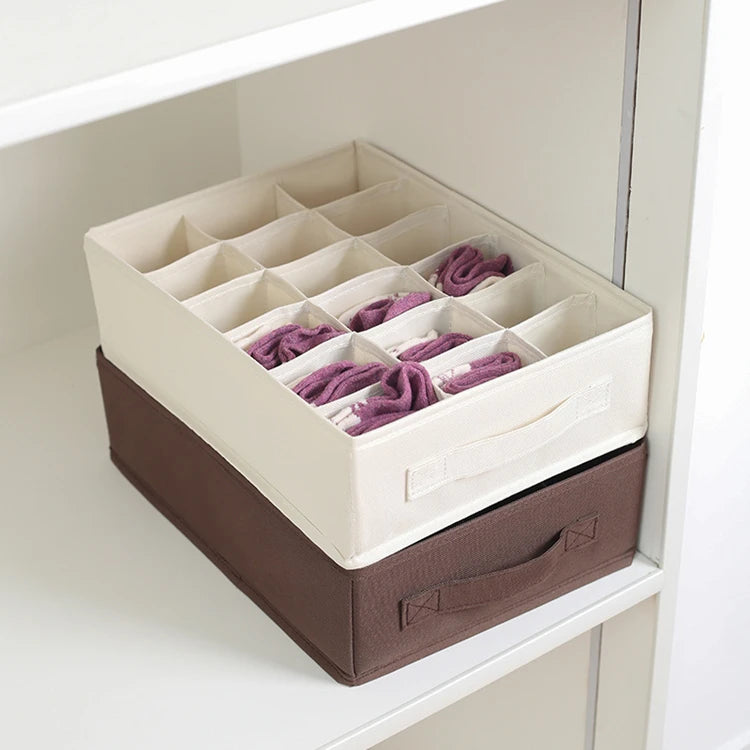 Drawer storage box for socks and lingerie, white top with brown base and divided compartments, Simples Market