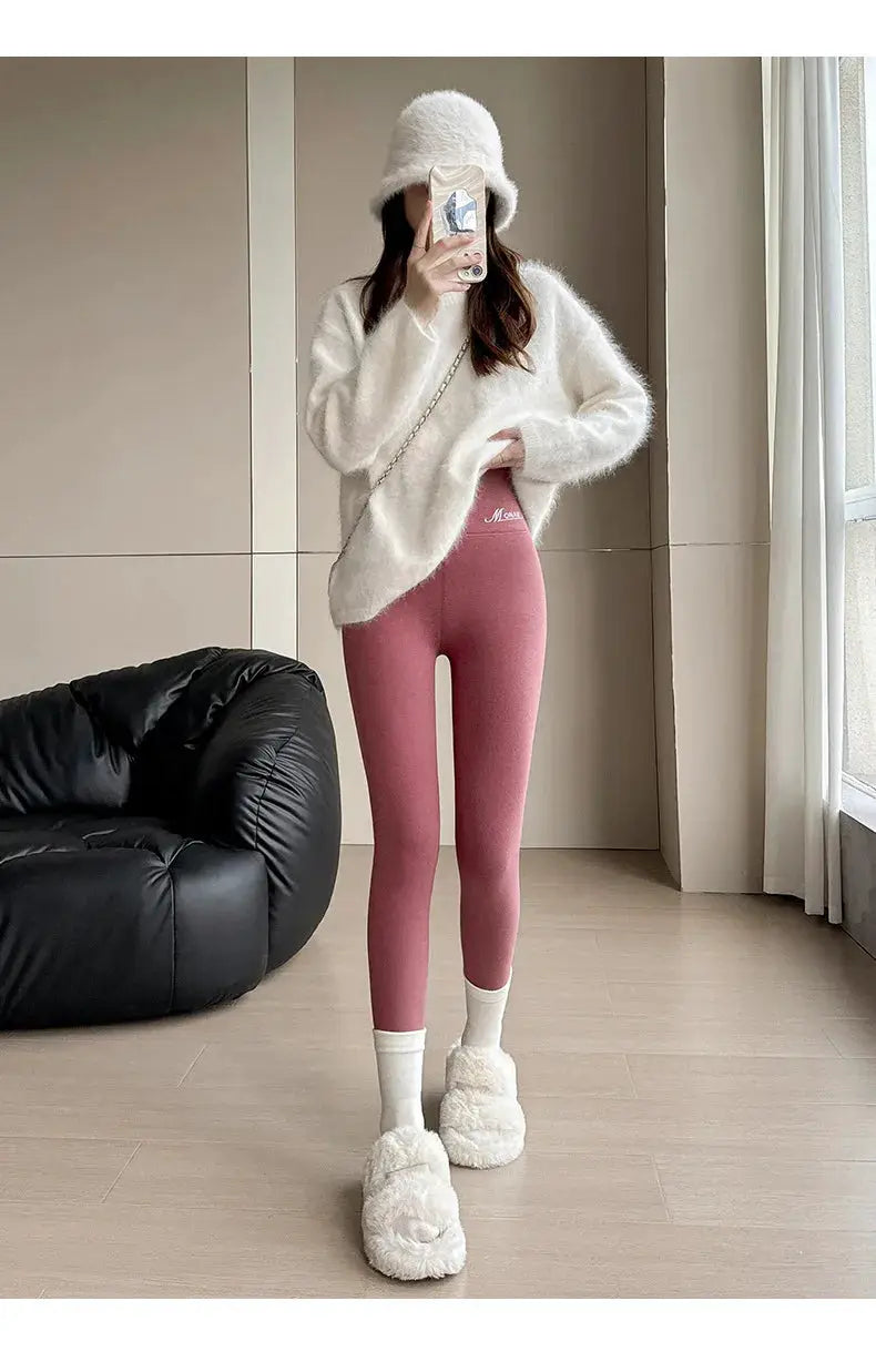 Winter cashmere leggings for women, pink high-waisted slim stretch pants, warm and thickened