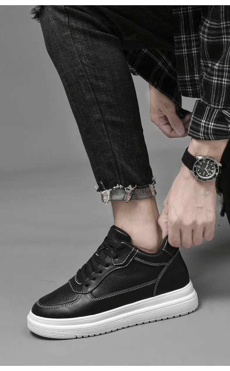 Men's black leather elevator sneakers by Simples Market with white sole, lace-up design, height increase 6/8/10 cm