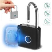 Keyless smart fingerprint padlock with blue LED fingerprint sensor on black body and silver U-shackle