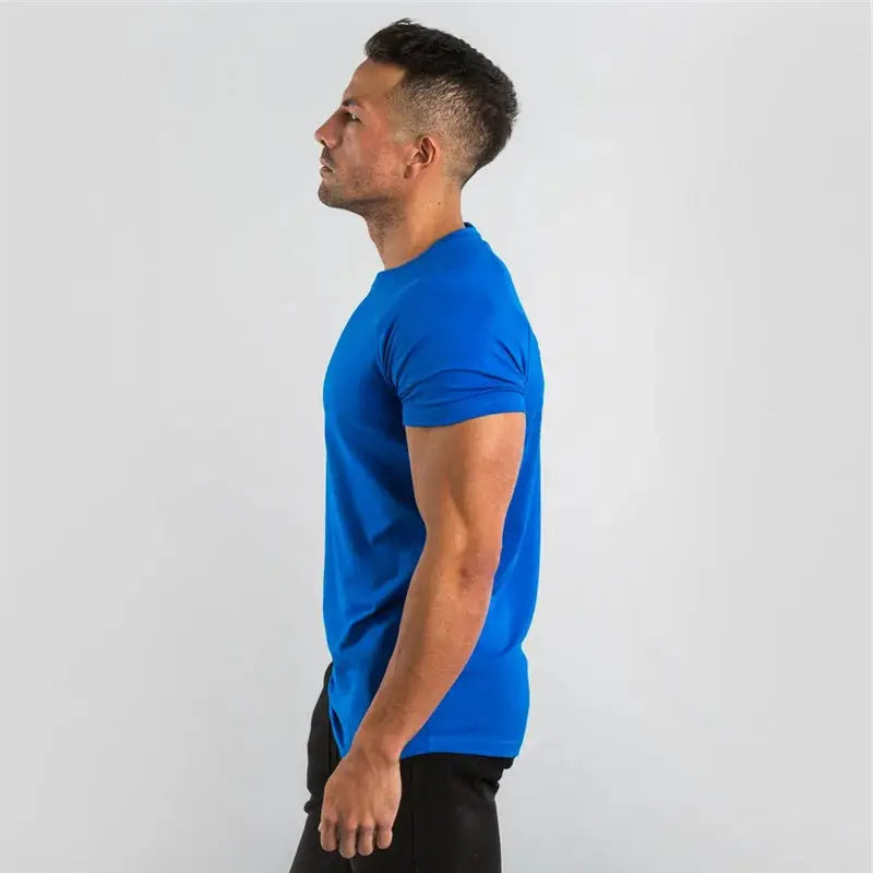 Blue cotton plain men's short sleeve fitness T-shirt, slim fit.