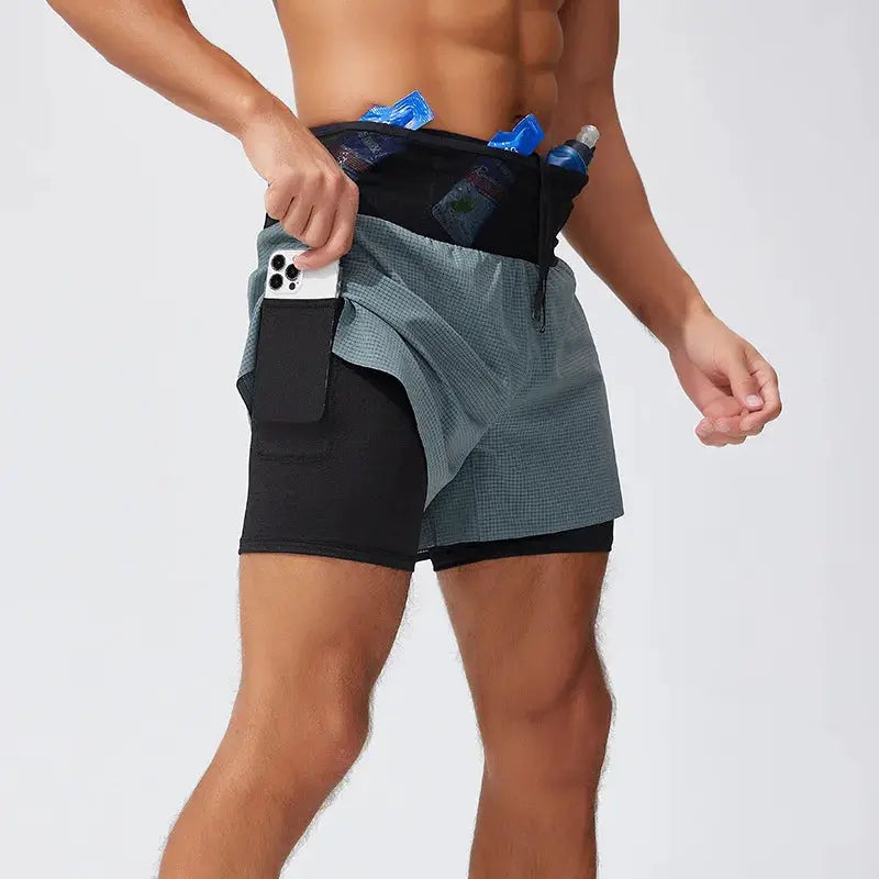 Mens double-layer running shorts in black and gray with side phone pocket, quick-dry breathable fabric, Simples Market