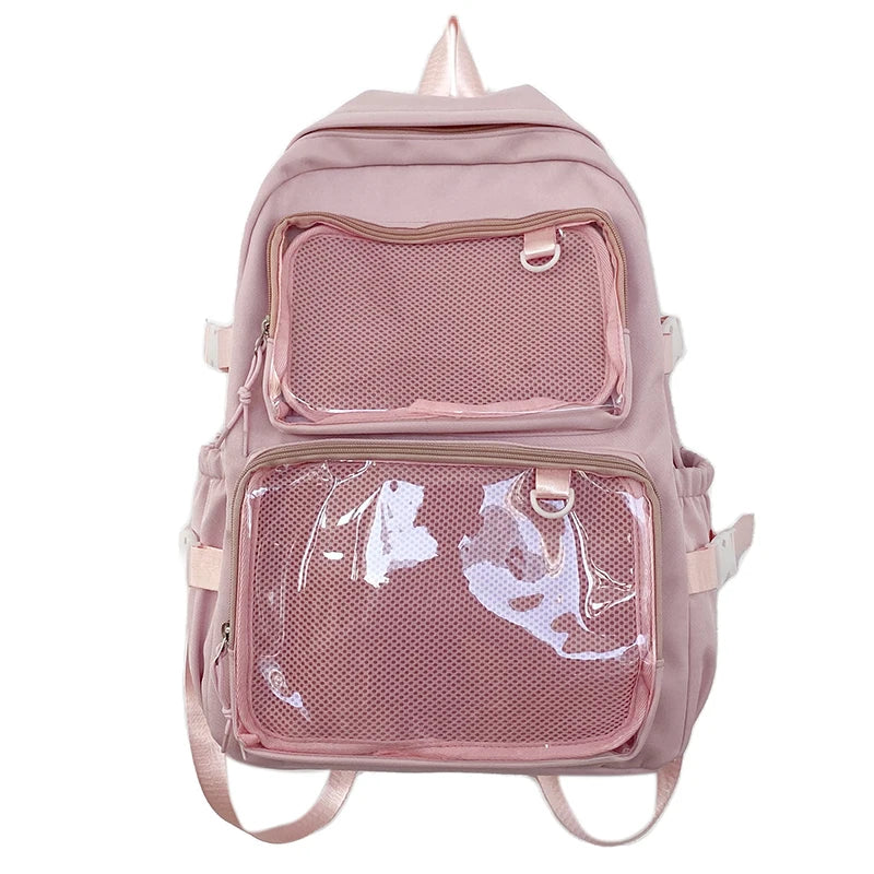 Ita bag pink transparent backpack with dual clear mesh front pockets