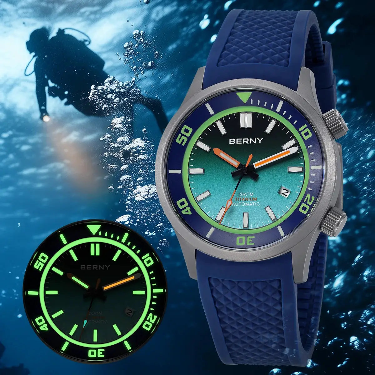BERNY 20ATM titanium automatic diver watch for men; blue strap, luminous teal dial, two watches shown.