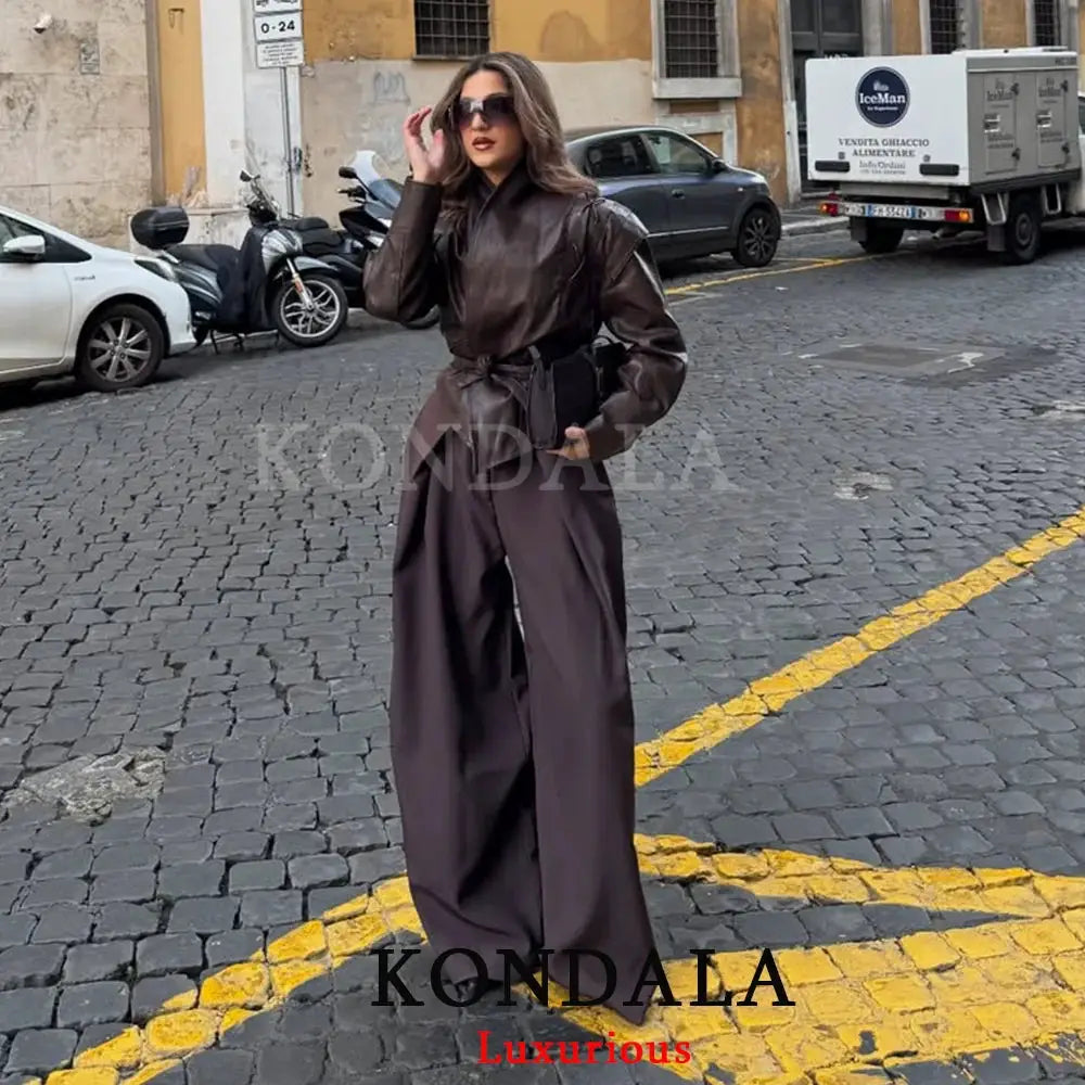 KONDALA Casual Chic Wide Leg Pants For Women High Waist Pleated Trousers With Pockets Office Lady