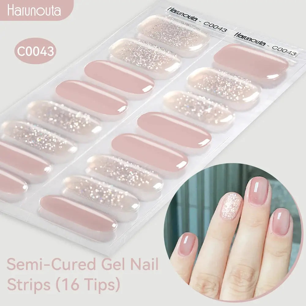 Simples Market Gradient Auroras Semi-Cured Gel Nail Strips, pink nude with glitter, 16 tips