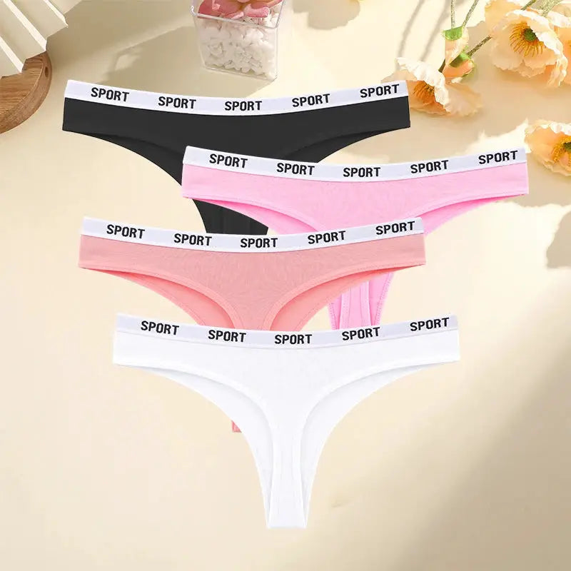 FINETOO 4-pack women's cotton thongs with SPORT waistband in black, pink, peach, and white by Simples Market
