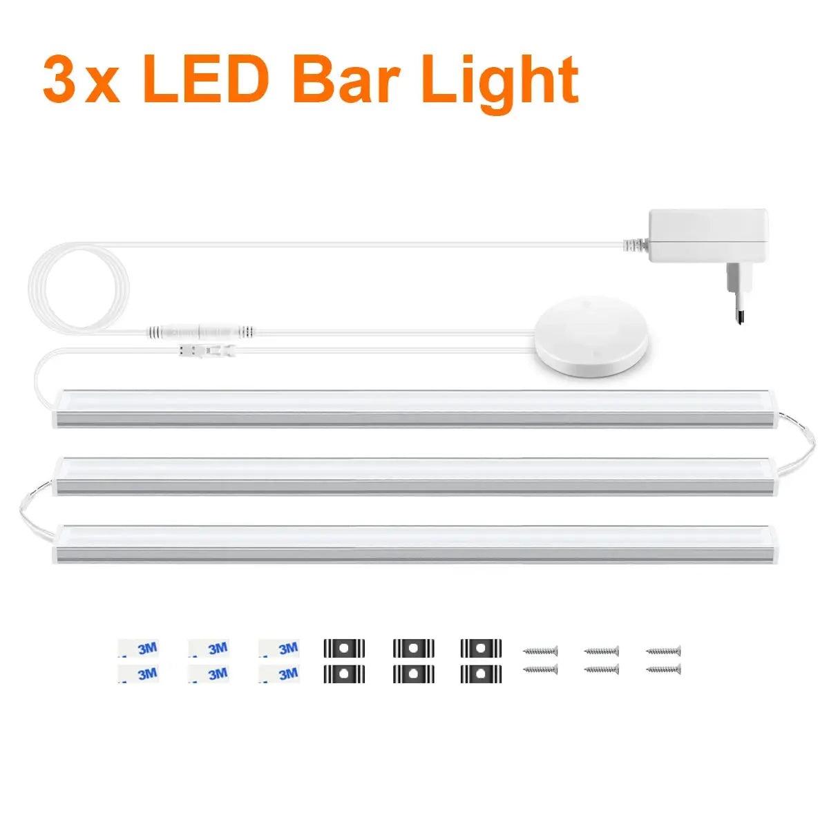 3x Under-cabinet LED bar lights in white finish with touch-dim switch and power adapter