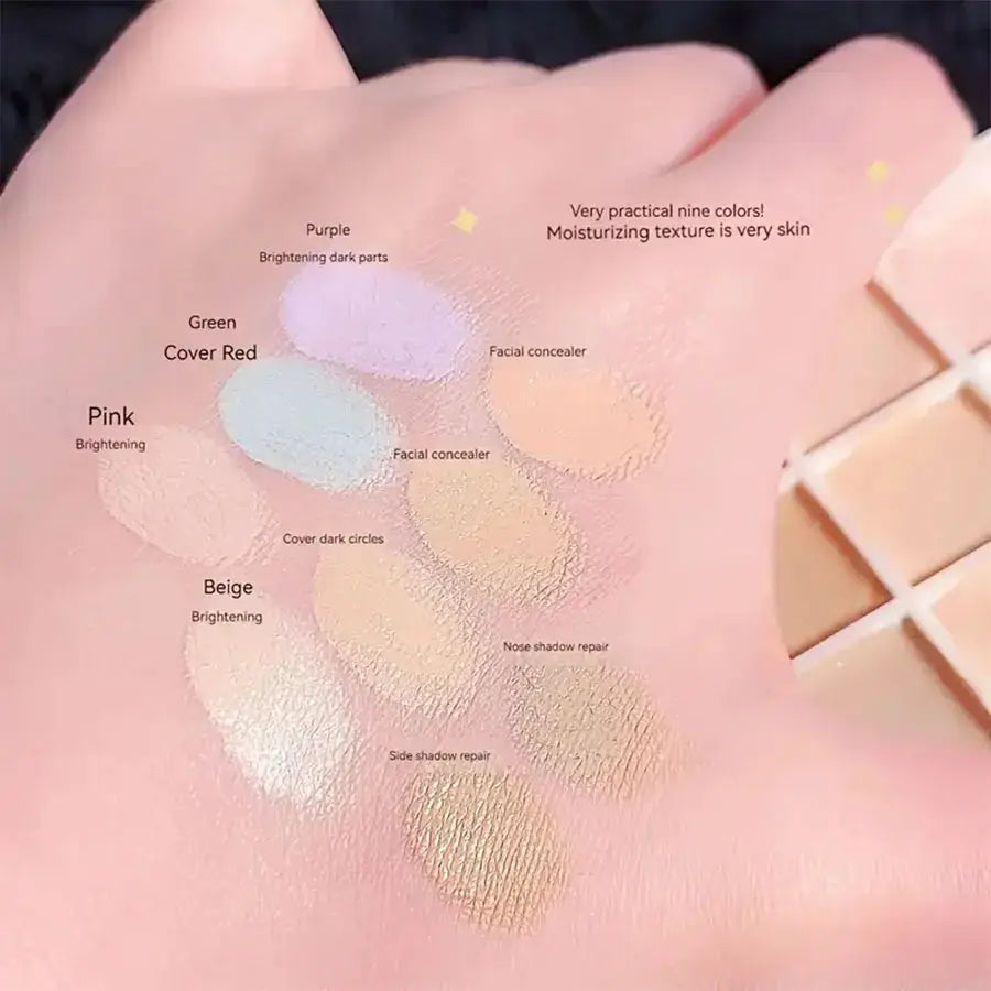 LuxeHue 9 Color Concealer Palette Waterproof Sweatproof Full Coverage Corrects Spots Acne Dark Circles Tear Troughs