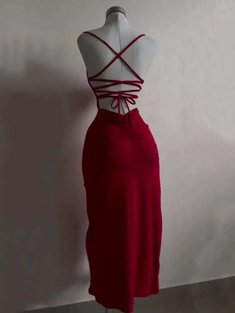 VibeLux Backless Lace Up Maxi Dress Bodycon Fit With Thigh High Split For Party Ready Look