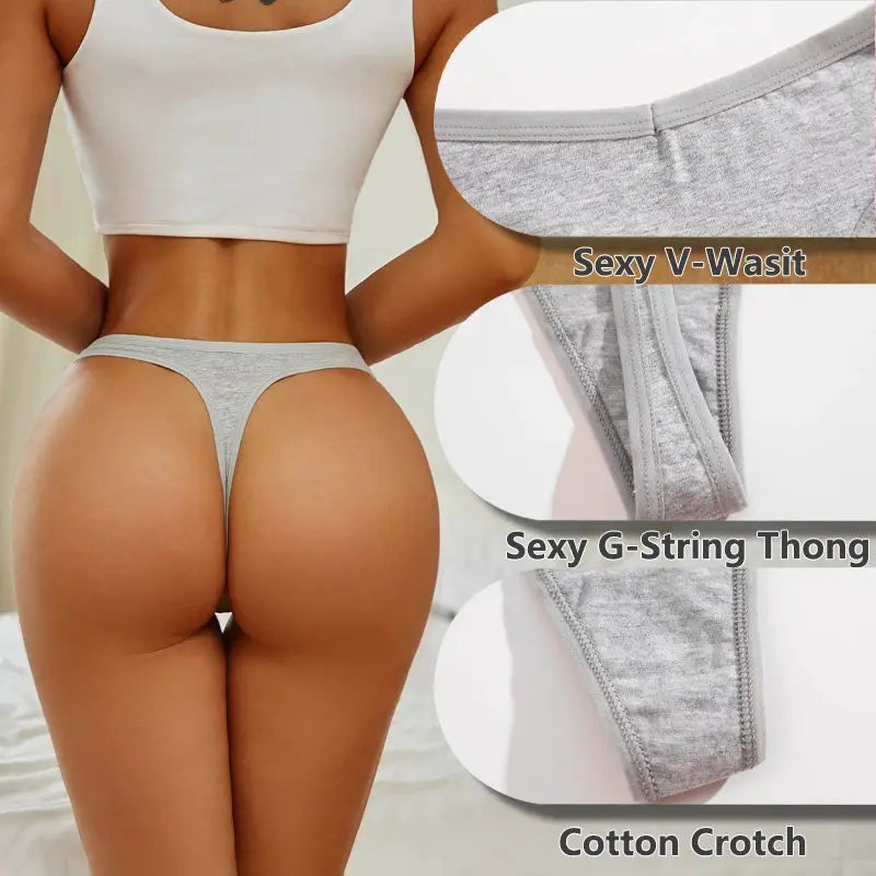 Seamless cotton thong set, 4-piece by Simples Market, gray low-rise V-waist underwear.