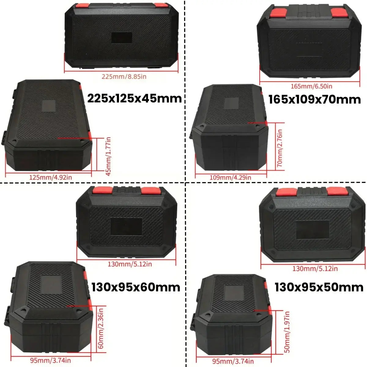 Plastic tool storage boxes set of four, black with red latches, in varying sizes.