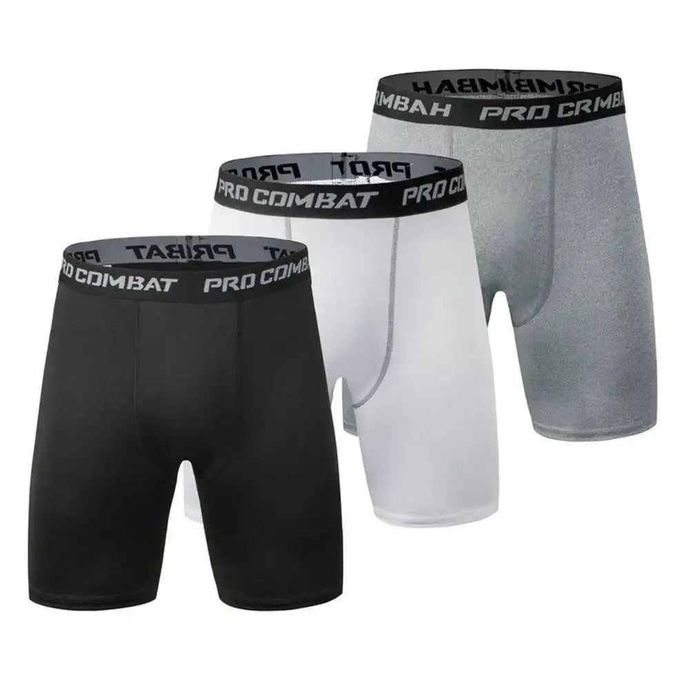 Men's compression bodybuilding shorts set - three pairs in black, white, and gray with Pro Combat branded waistbands.