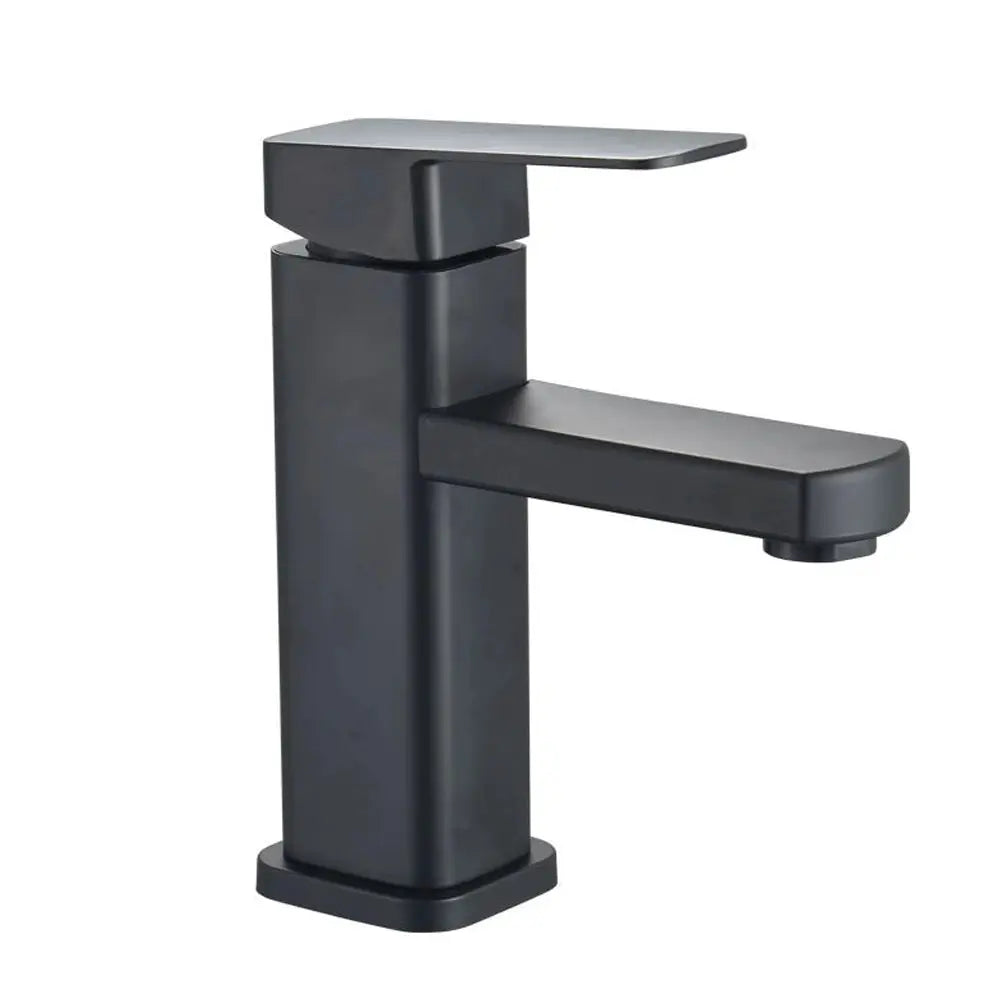 Deck-mounted bathroom faucet with matte black finish, single-handle lever and modern square design.