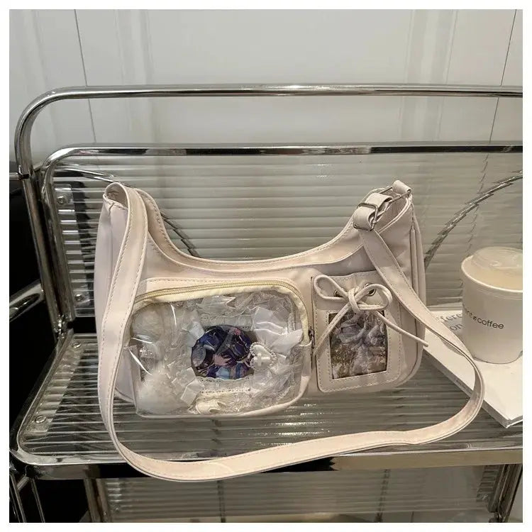 Beige Y2K Harajuku transparent ita bag with dual clear pockets and crossbody strap