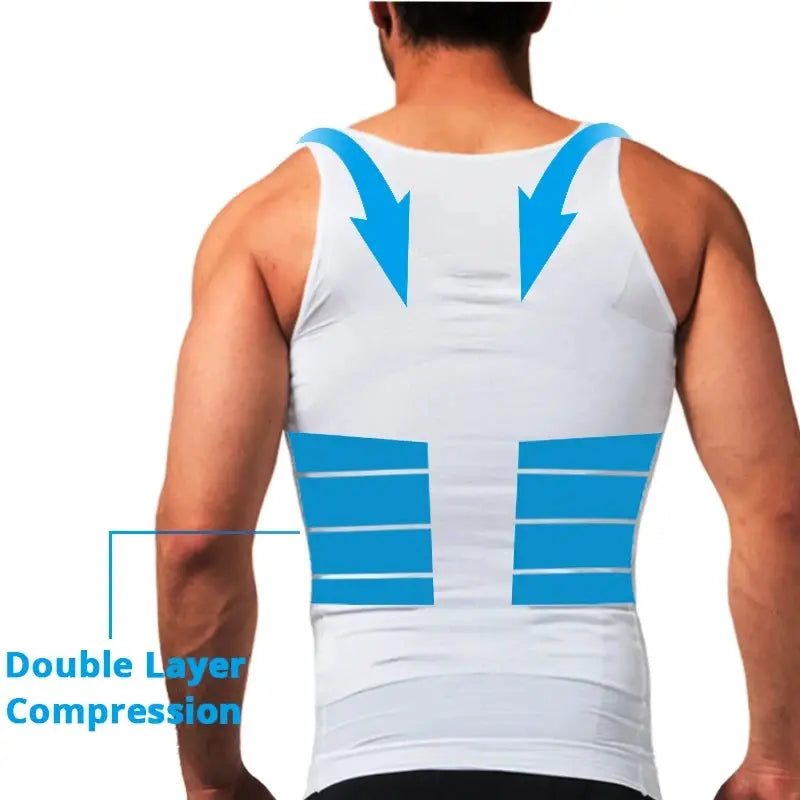 Mens white compression sleeveless gym tank top with blue back panels and double-layer compression for a slim, tight fit