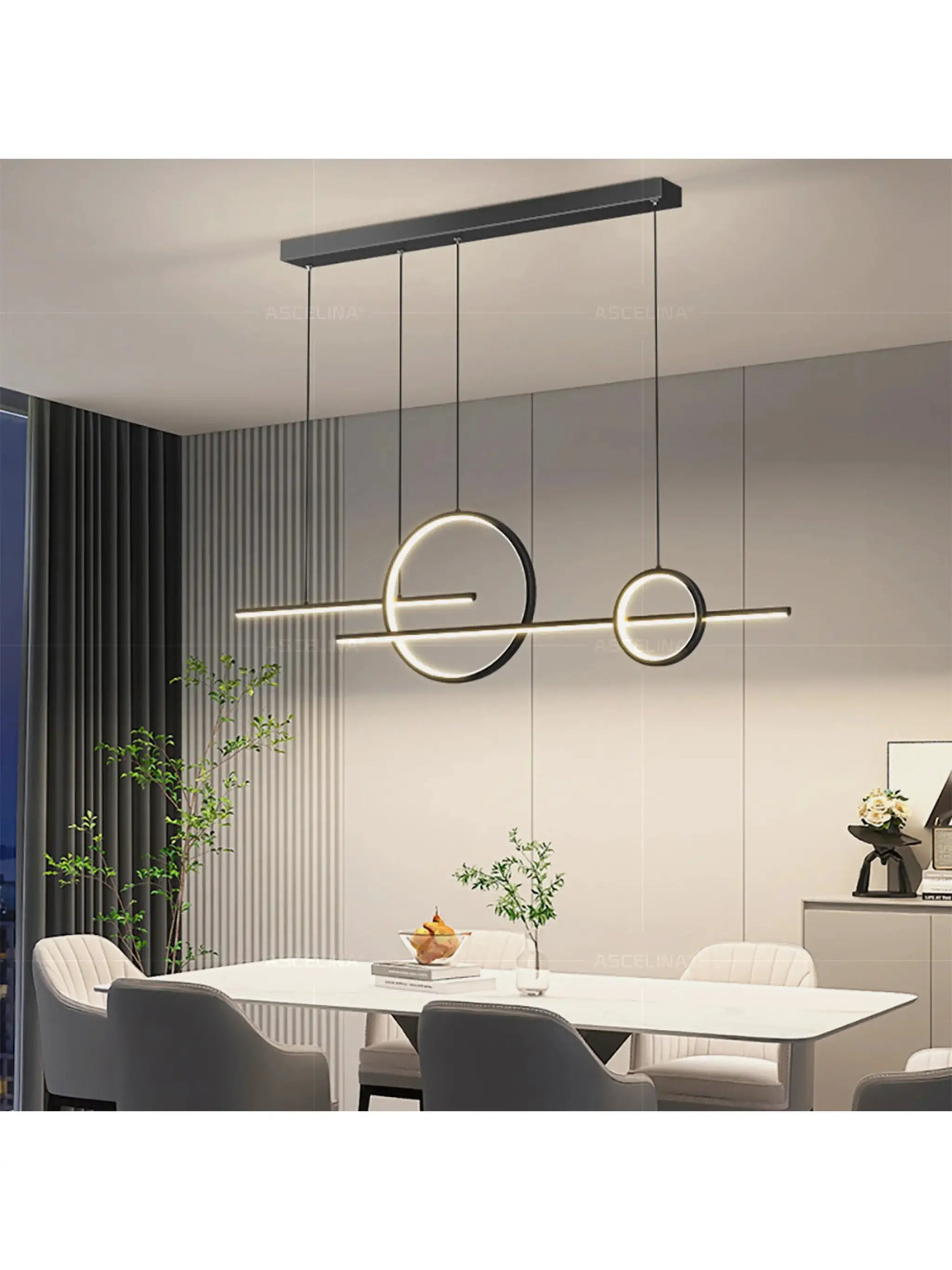 Modern LED chandelier in black metal with two glowing circular rings over a dining table.